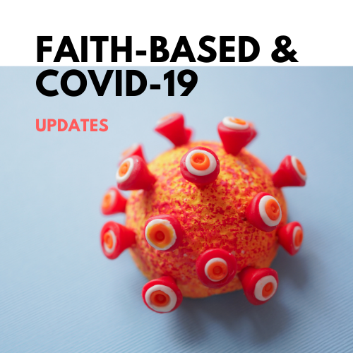 A COVID particle with the text "Faith-Based and COVID-19" overlaid