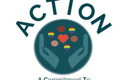 The word Action in all caps crowns a circle, inside which are two hands cupping what appear to be a collection of pebbles, some clolred with a rainbow pattern. Beneath the circle the phrase "A Commitment to Inclusion in Our Neighborhoods"