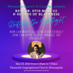 Two spotlights shine on a photo of Rev. Dr. Otis Moss III in a promotional graphic for "Shifting the Spotlight" prophetic word event