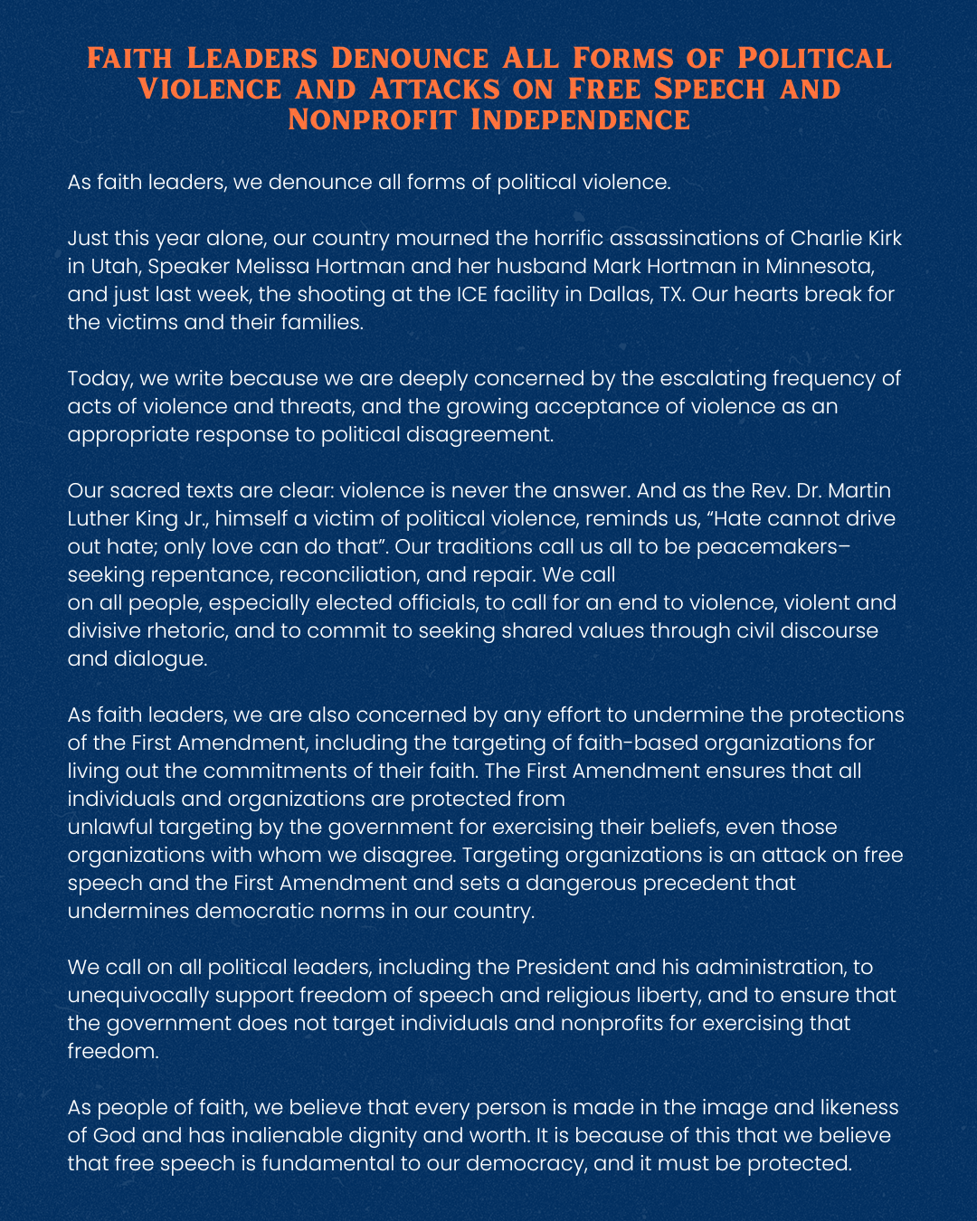 Red heading, white text on blue background is an image of the letter denouncing political violence and supporting free speech