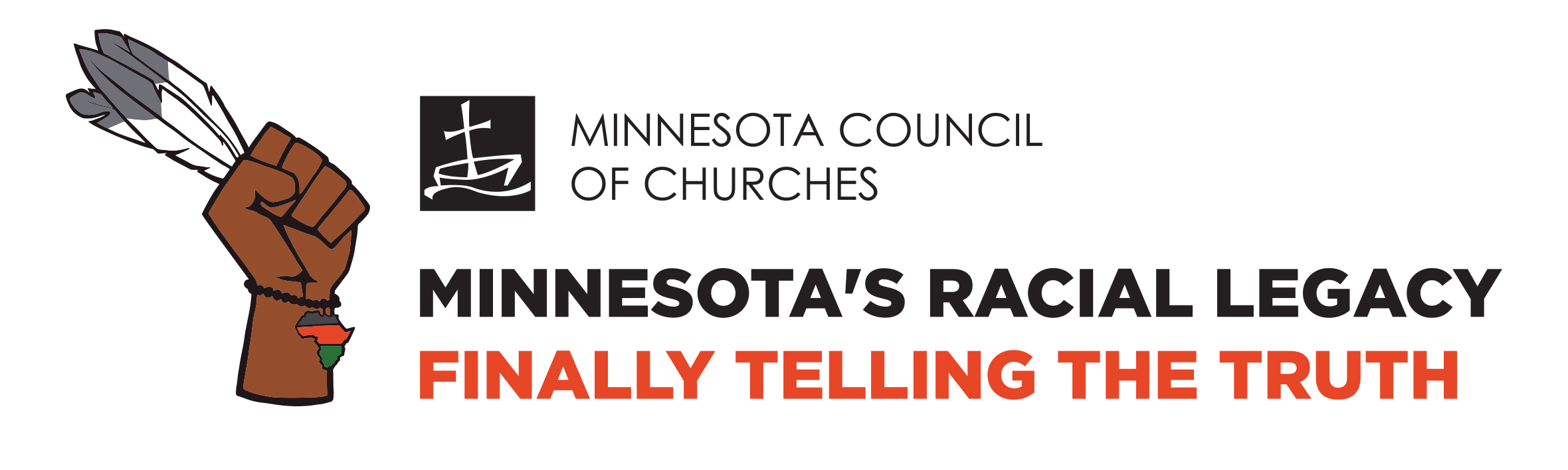 A Black fist adorned with feathers in the shape of Minnesota