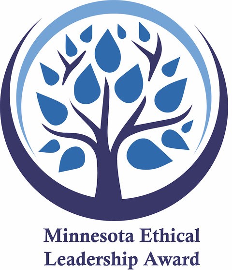 A navy blue tree silhouette wiht royal blue leaves inside a lighter blue crescent represents the Minnesota Ethical Leadership Award logo
