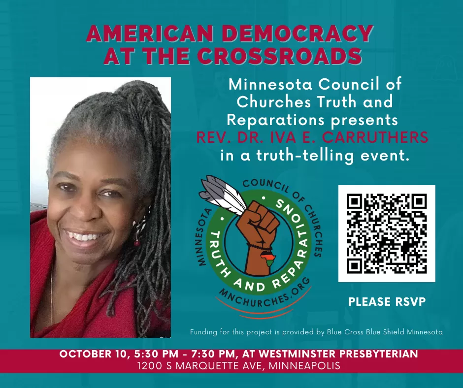 A black woman with long braided grey hair smiles at the viewer; a graphic centers a brown holding feathers and adorned with a Minnestota-shaped pendant on a bracelet; with the words Minnesota Council of Churches Truth & Reparations
