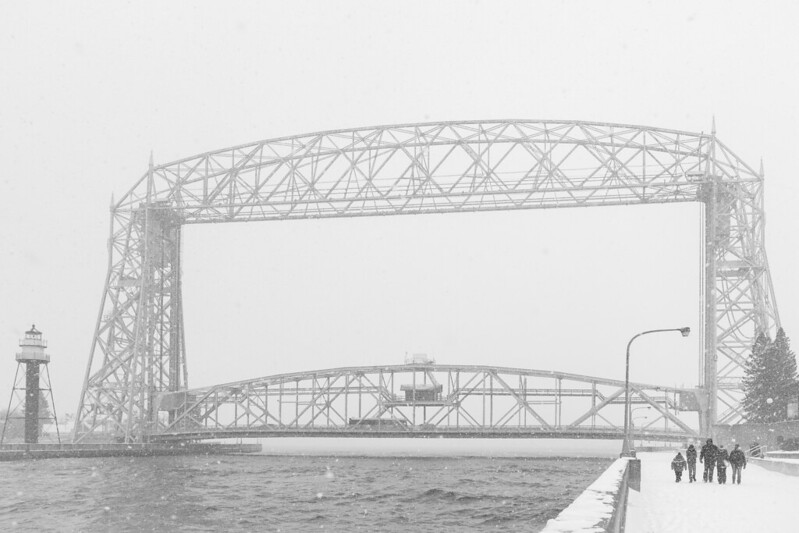 Duluth's lift bridge in the snow, black and white photo