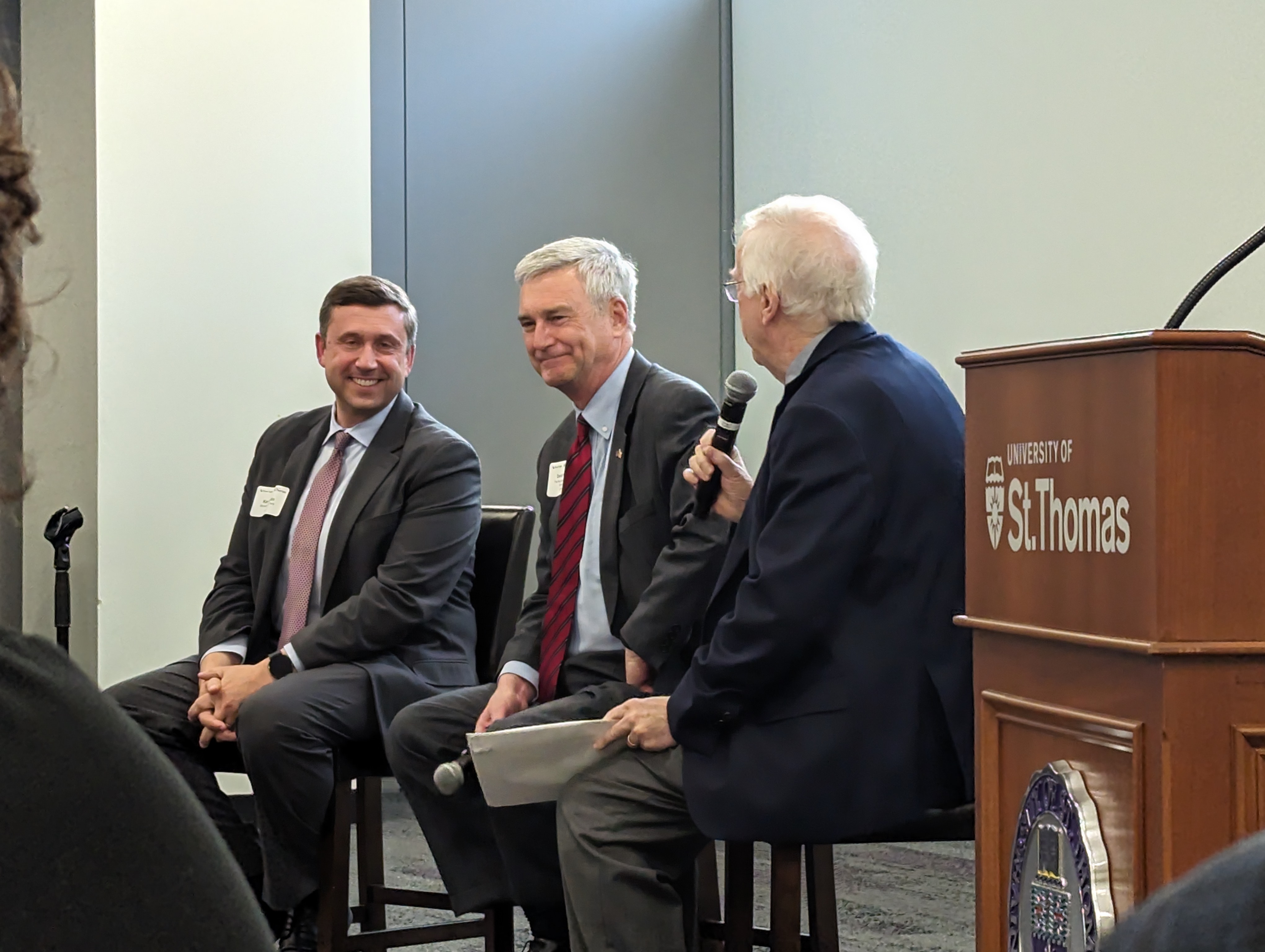 MN DFL head Ken Martin and MN GOP head David Hann sit being interviewed by Braver Angels' Bill Doherty