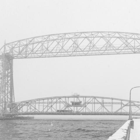 Duluth's lift bridge in the snow, black and white photo
