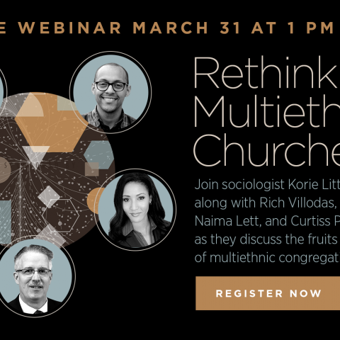 Banner reads "Rethinking Multiethnic Churches Free Webinar March 31 1pm CDT" with headshots of five speakers including MCC CEO Rev. Dr. Curtiss Paul Deyoung