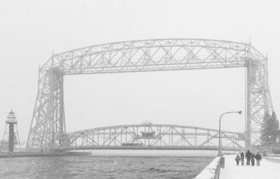 Duluth's lift bridge in the snow, black and white photo